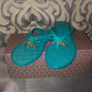 Teal Tori Burch plastic sandals